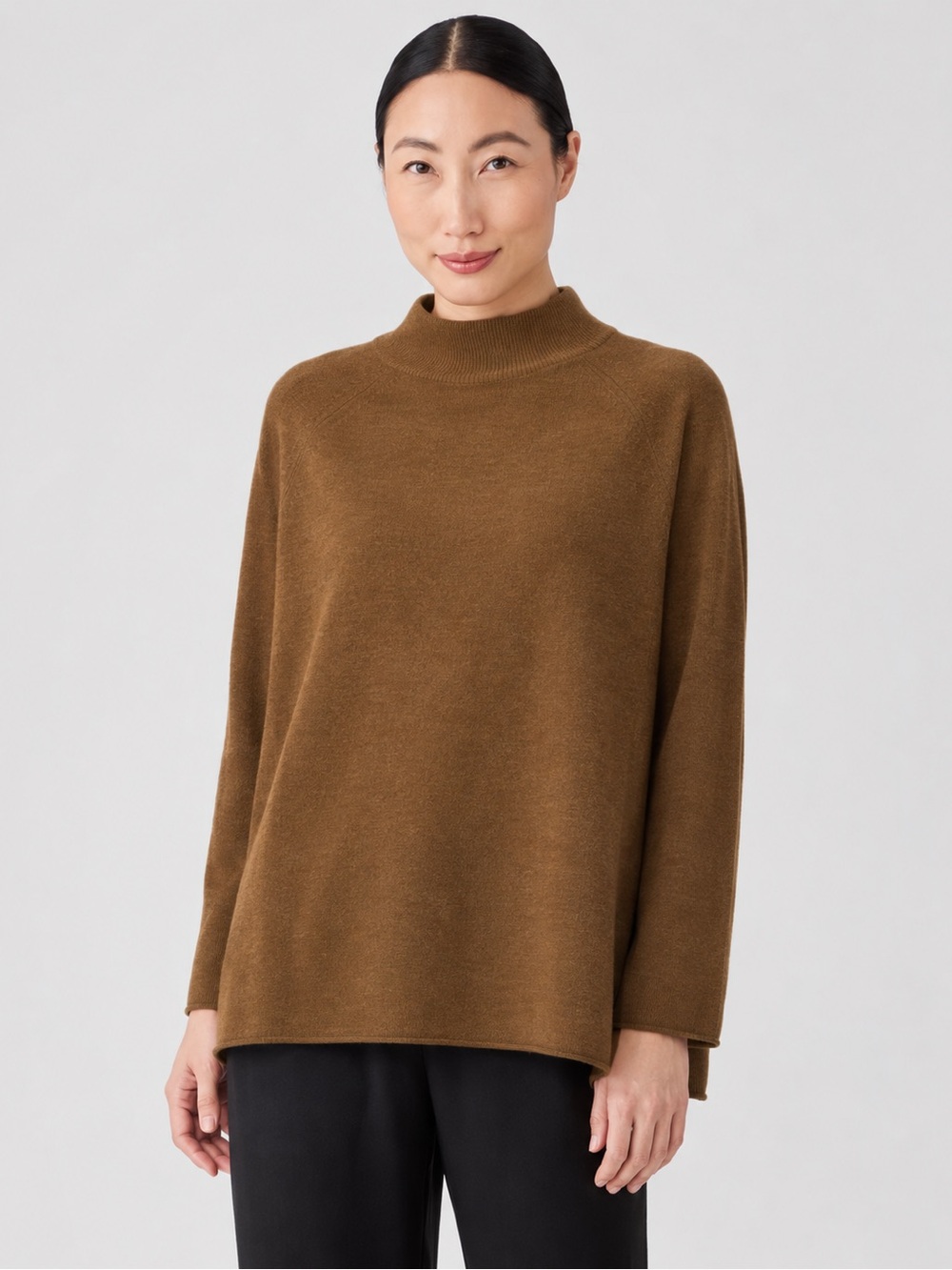 Eileen Fisher 100% Merino Wool Mock Neck Raglan Sweater Warm Brown Size Medium
